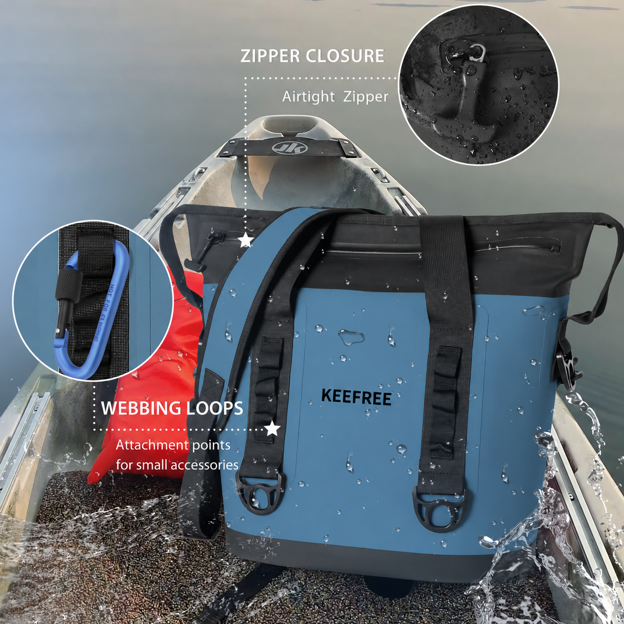 Airtight zipper and webbing attachment details on blue TPU cooler tote