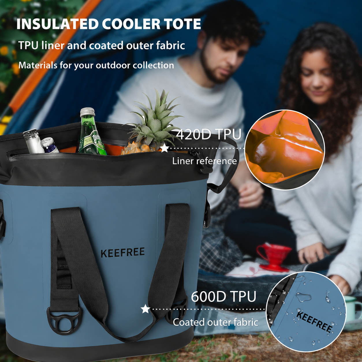 TPU outer fabric and liner details for camping cooler tote