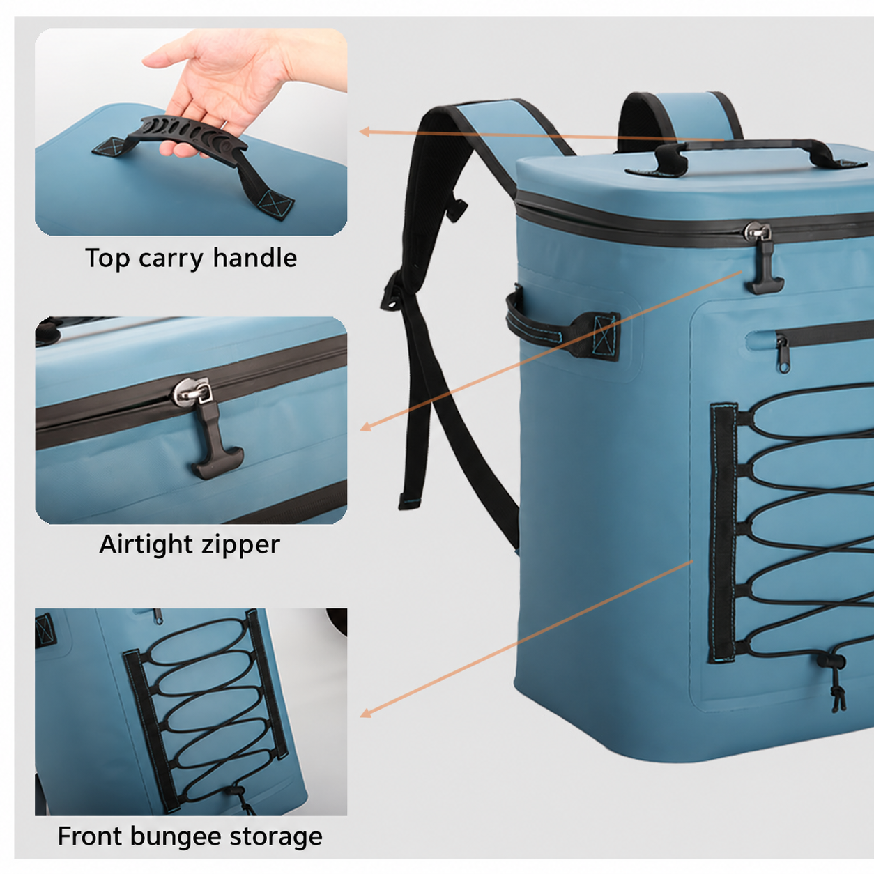 English carry handle, airtight zipper and bungee storage detail image