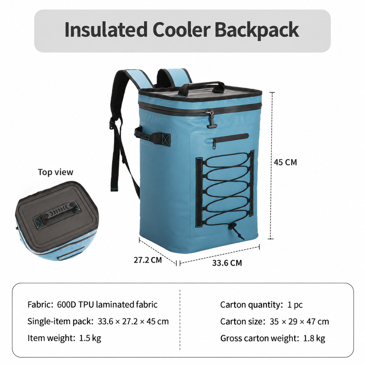 English dimensions and packaging specification for cooler backpack