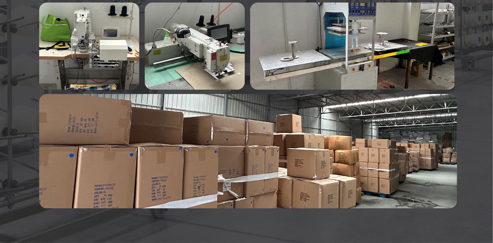 Company reference board showing sewing equipment and packed cartons
