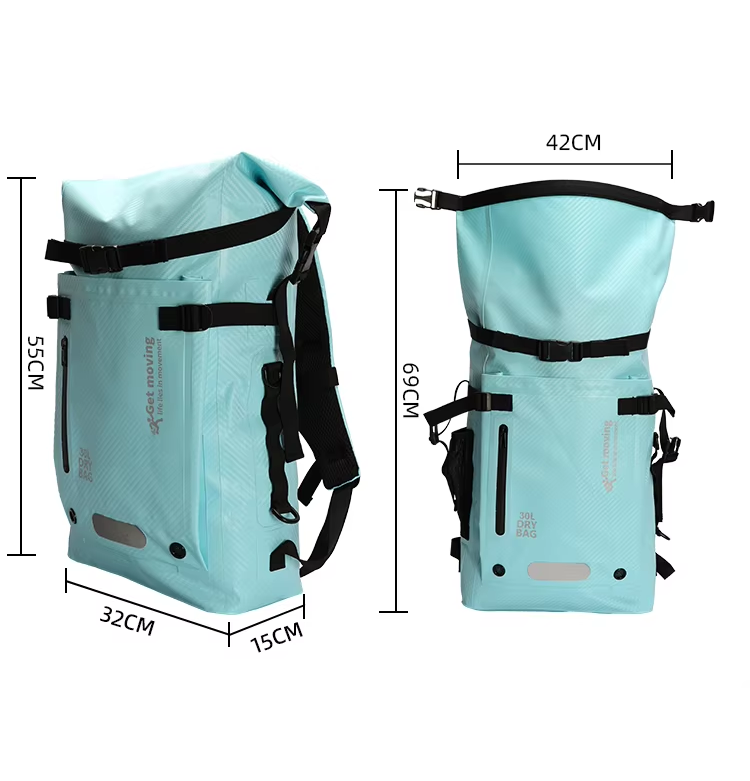 Aqua fin-storage backpack dimension diagram: 55 cm closed height, 32 cm width, 15 cm depth, 69 cm open height and 42 cm flat top width