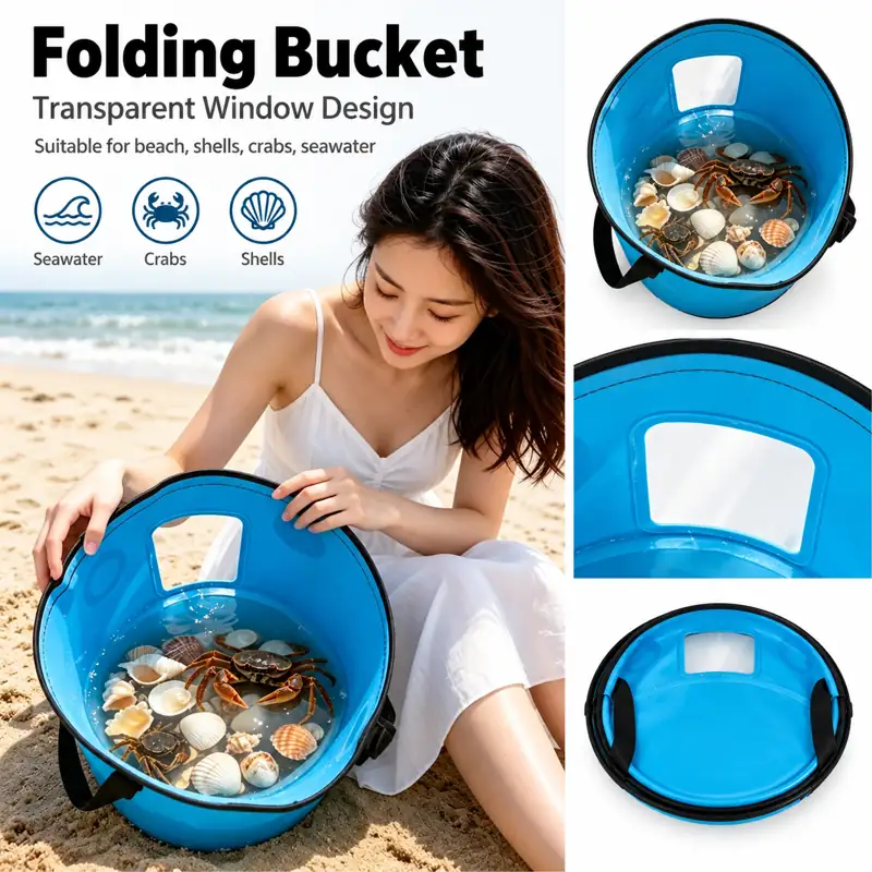 Clear-Window Collapsible Fishing Bucket — Beach use reference