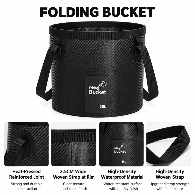 Carbon-Pattern Collapsible Fishing Bucket — Component and attachment details