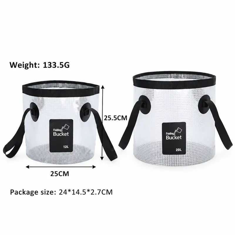 Clear Grid Collapsible Fishing Bucket — 12L and 20L comparison