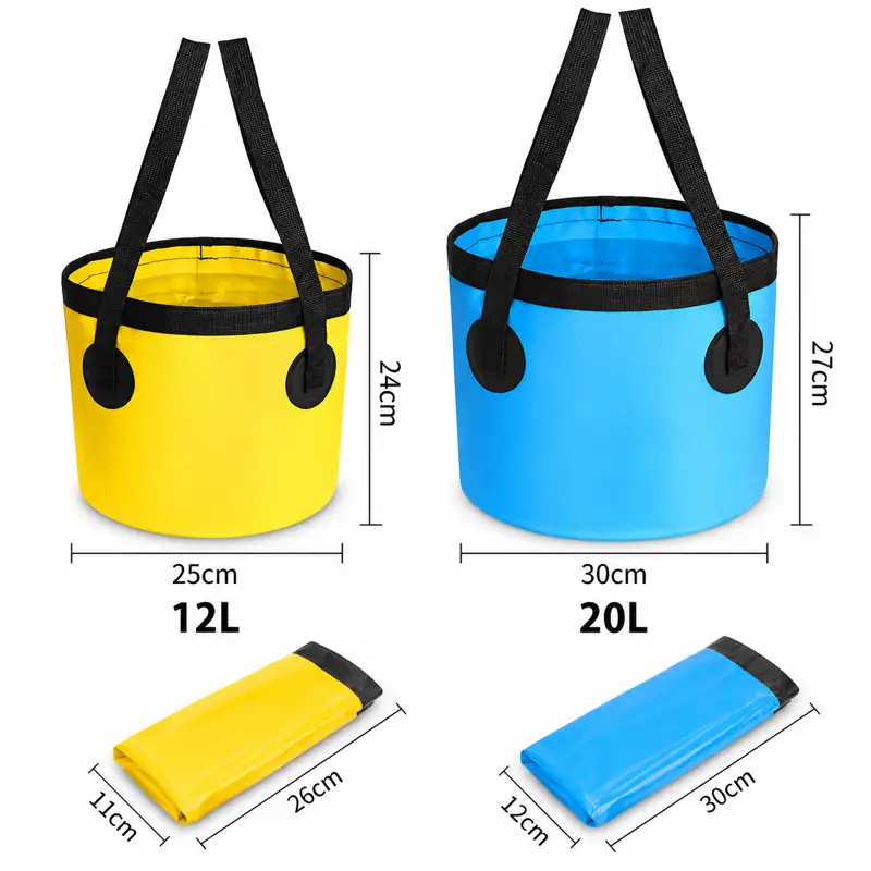 Round Collapsible Fishing Bucket — 12L and 20L size and folded-pack references