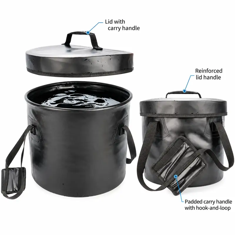 Zip-Lid Collapsible Fishing Bucket — Covered bucket folding sequence