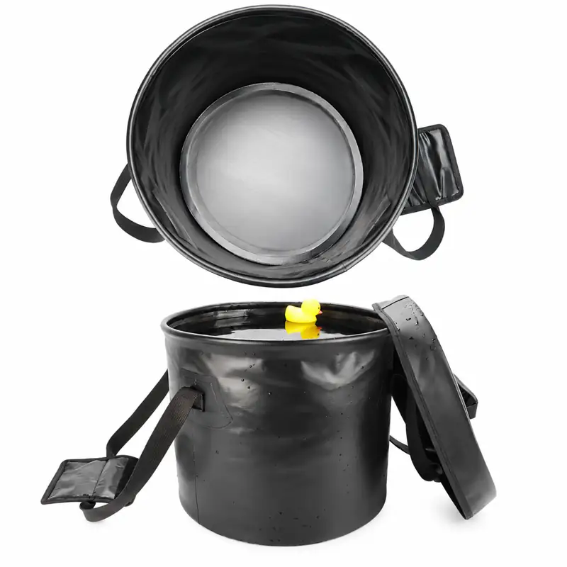 Zip-Lid Collapsible Fishing Bucket — Black bucket top and side views
