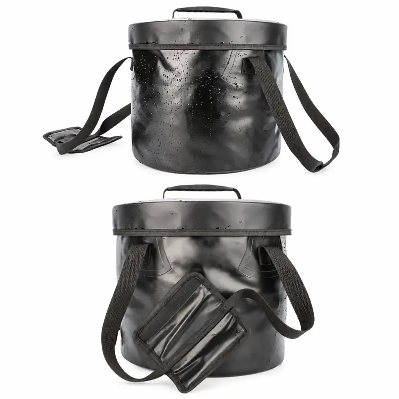 Zip-Lid Collapsible Fishing Bucket — Black bucket extended and folded states