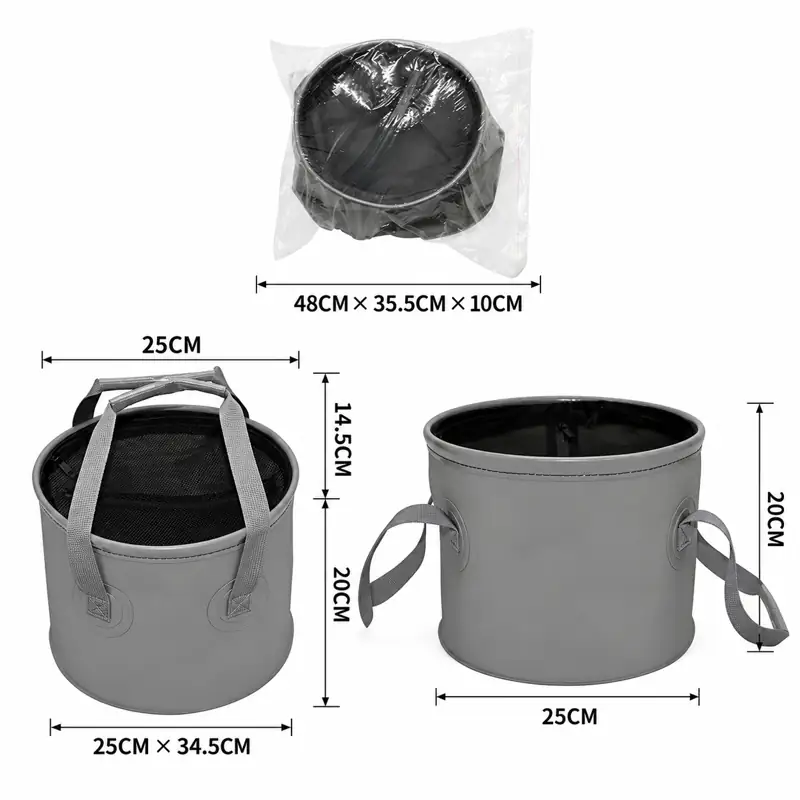 Mesh-Lid Collapsible Fishing Bucket — Expanded and folded size references