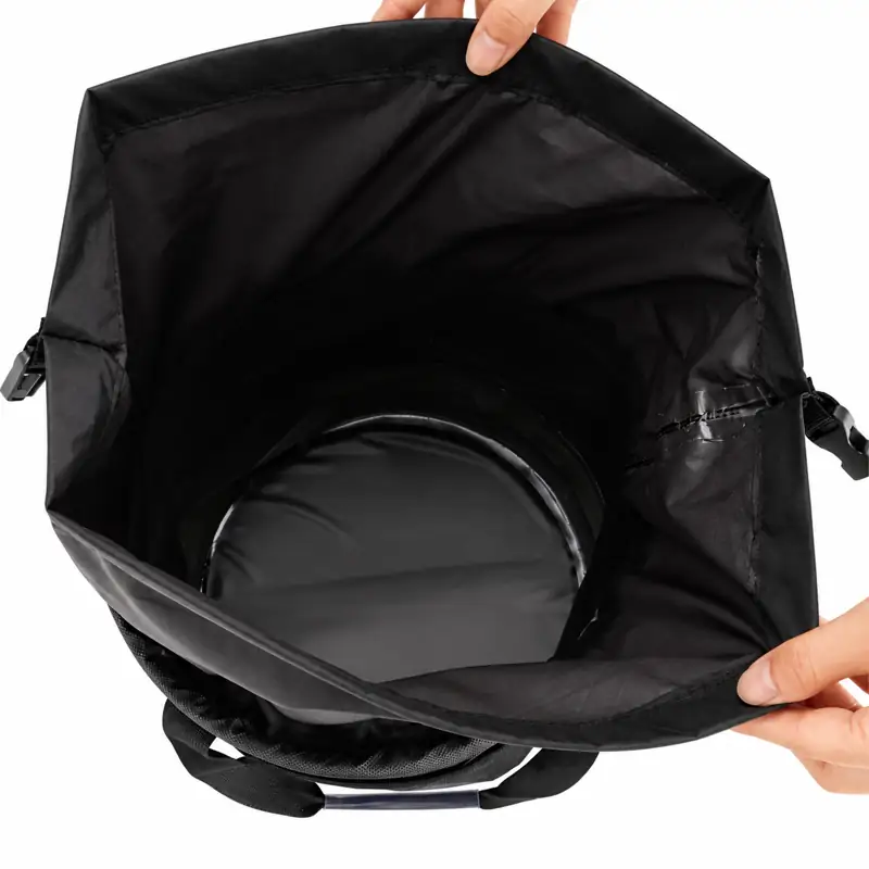 Drawstring Collapsible Fishing Bucket with Mesh Pocket — Open bucket access demonstration