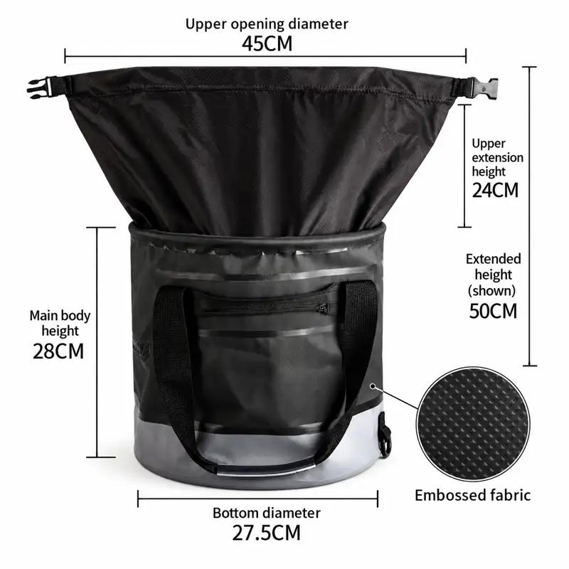 Drawstring Collapsible Fishing Bucket with Mesh Pocket — Main body and upper extension dimensions