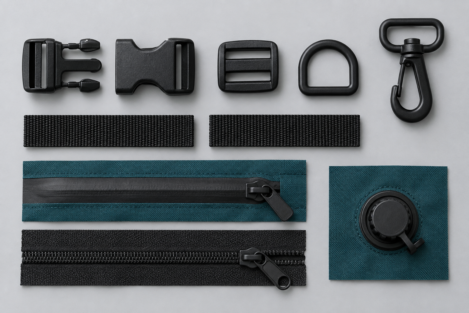 Illustrative bag components including buckles, webbing, attachment hardware, zipper samples and a valve