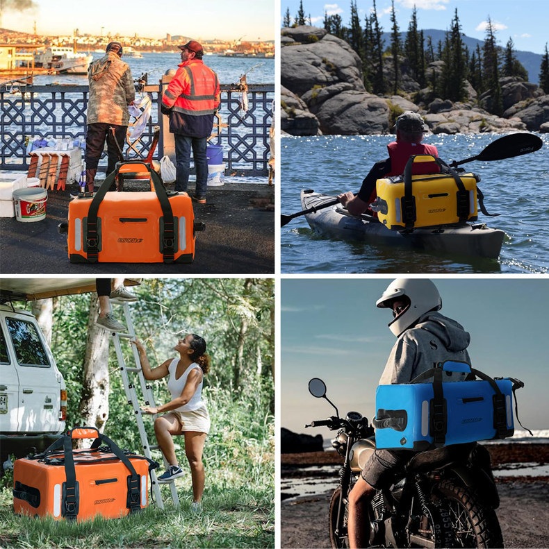 40L / 90L Square Waterproof Motorcycle Duffel — construction and carrying detail