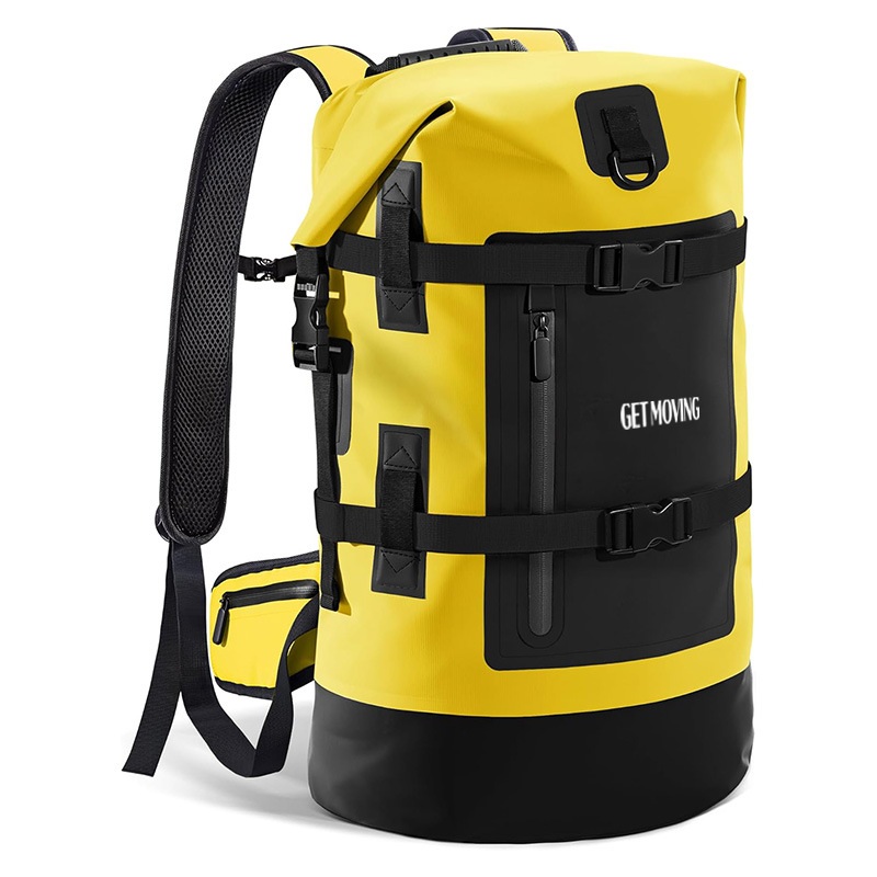 40L Roll-Top Waterproof Motorcycle Backpack — construction and carrying detail
