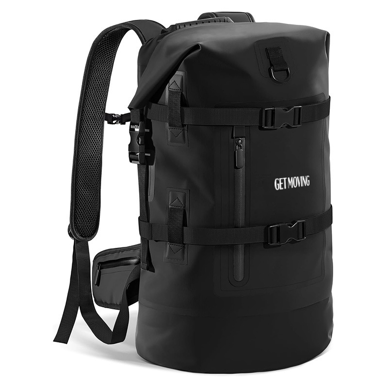40L Roll-Top Waterproof Motorcycle Backpack — construction and carrying detail