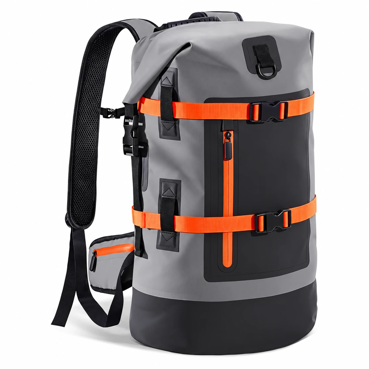 Grey-and-orange roll-top backpack showing external webbing and a front zip pocket