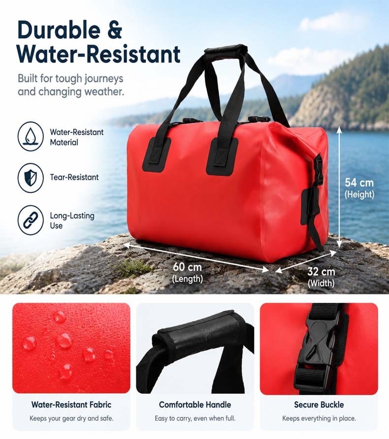 60L 600D TPU Waterproof Motorcycle Rear-Seat Bag — construction and carrying detail