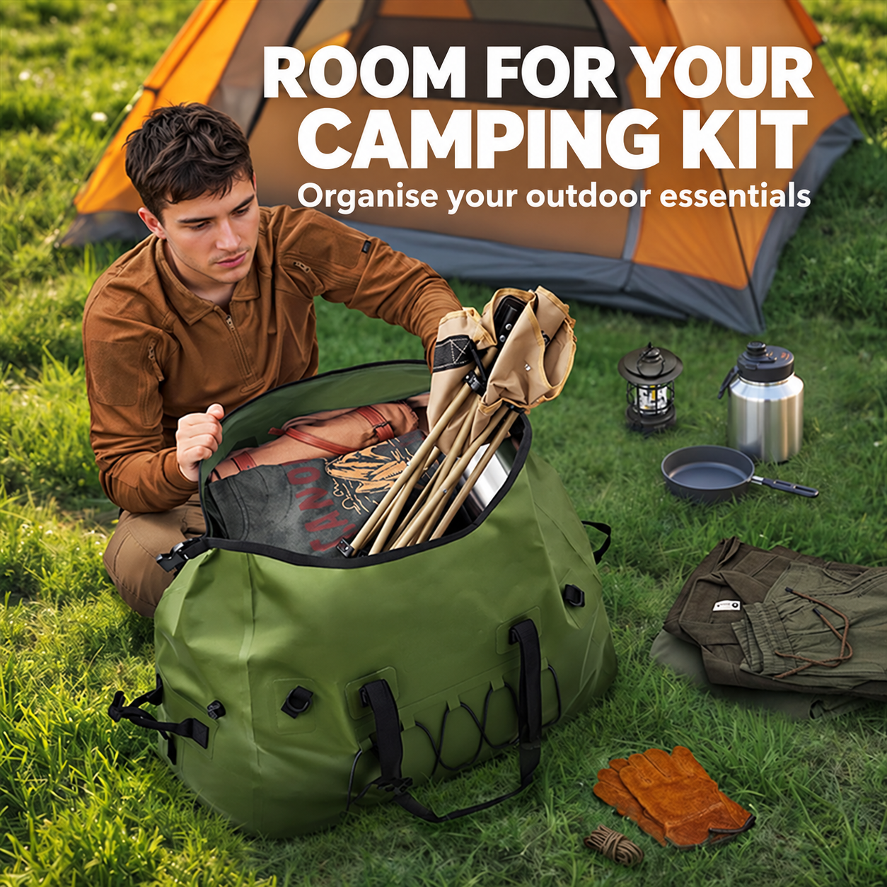 Camping equipment storage: A broad opening illustrated with camping essentials; scene contents are not included.