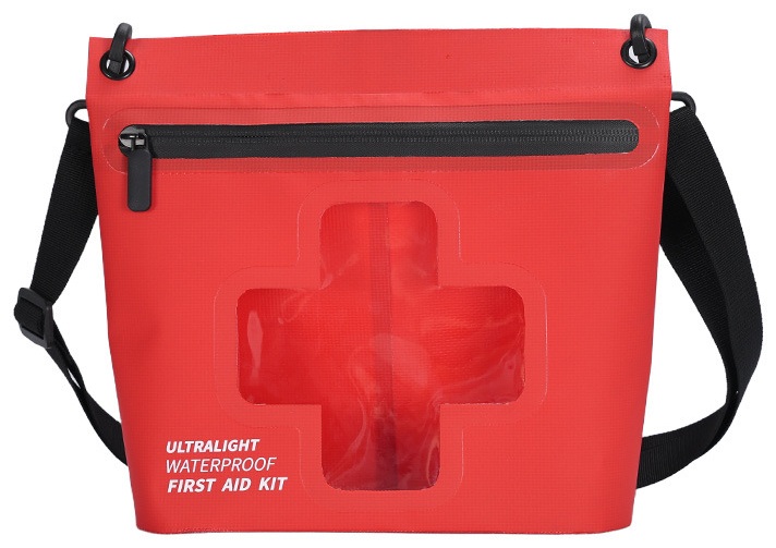 Flat red emergency shoulder pouch with clear window