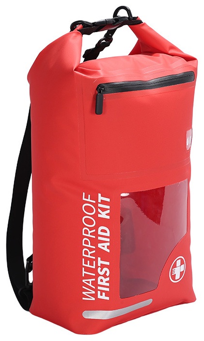 Red roll-top emergency storage bag with front pocket