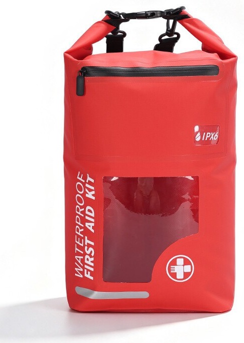 Front view of tall red roll-top storage bag