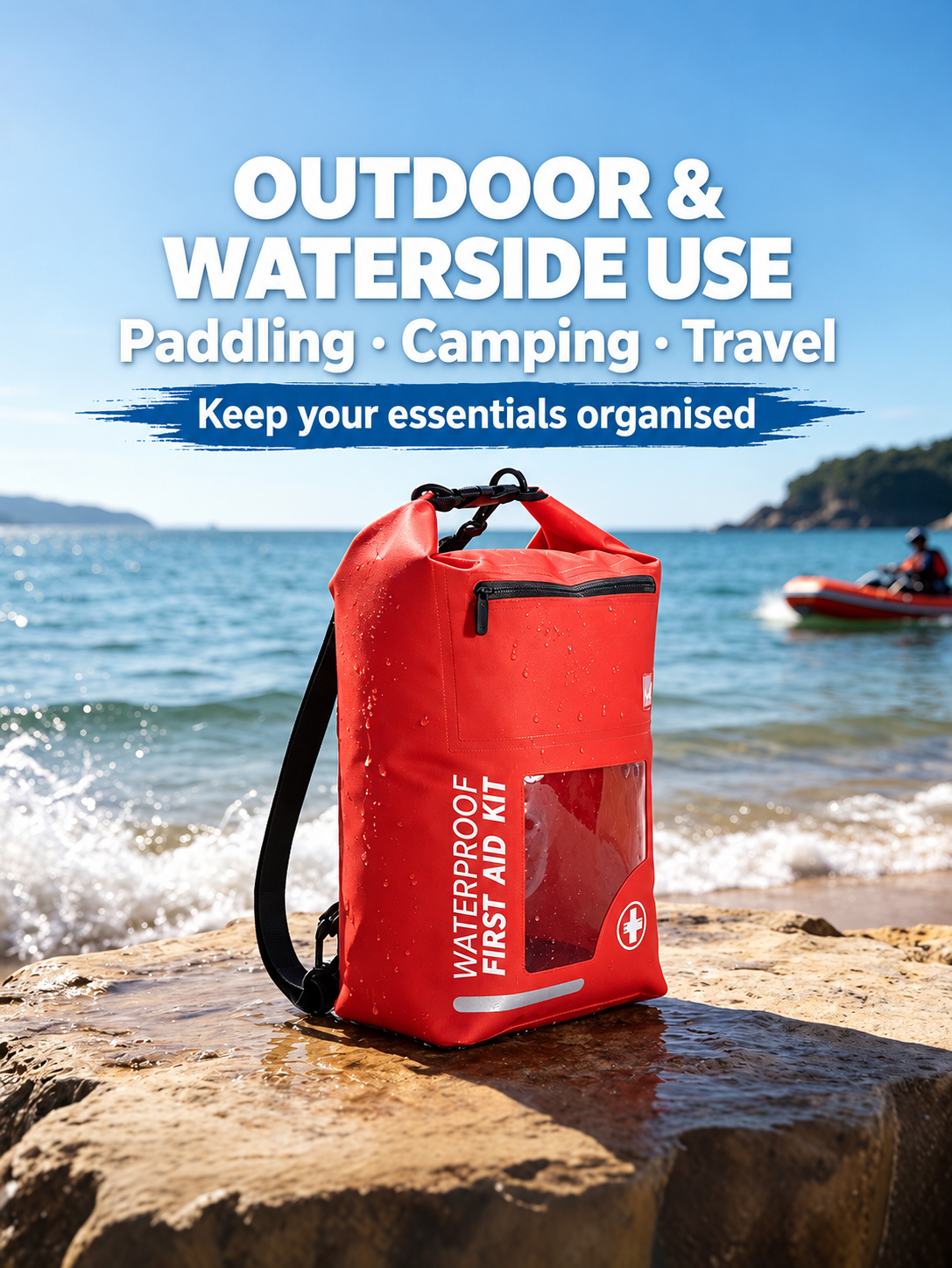 English outdoor and waterside lifestyle image for emergency storage bag