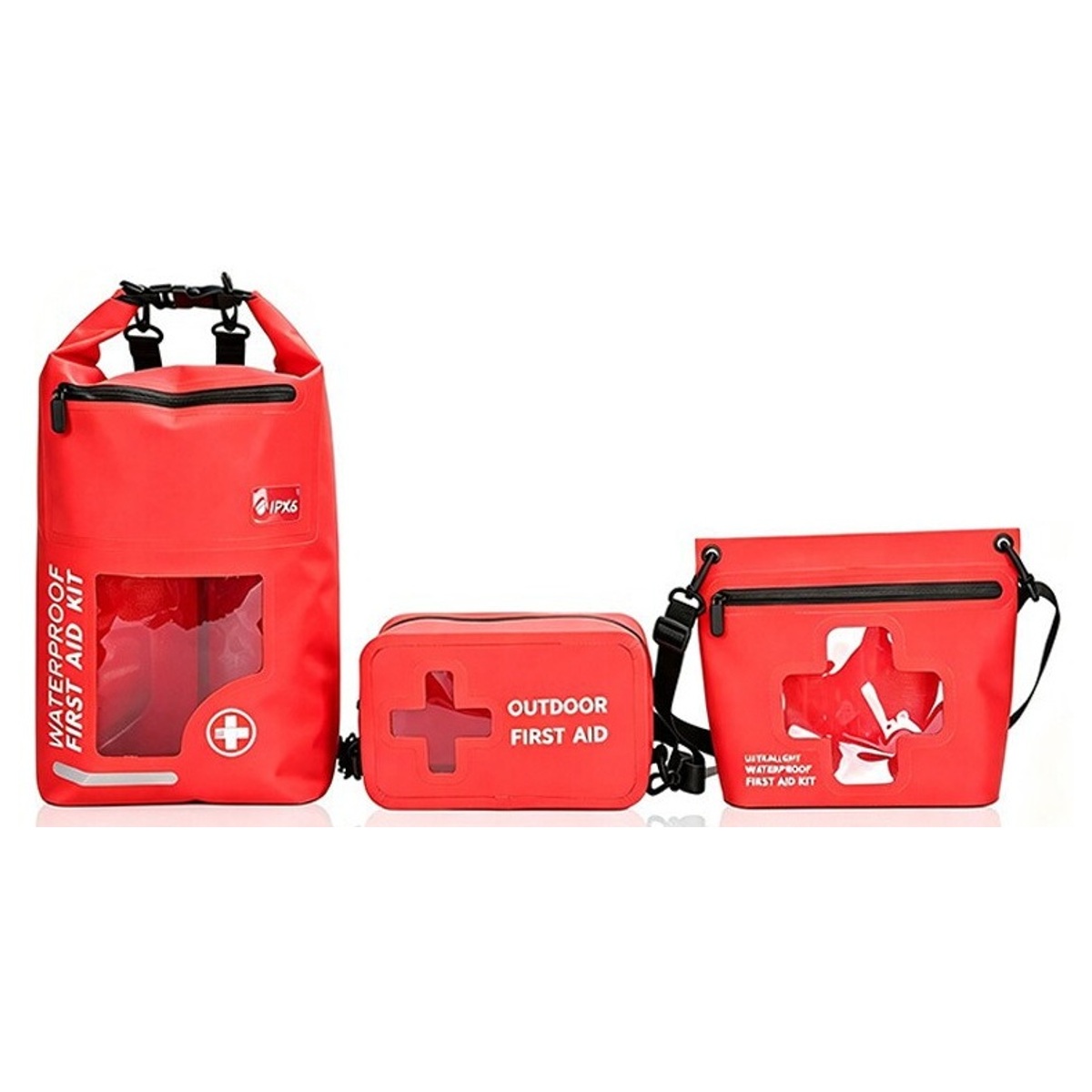 Red outdoor emergency storage family with roll-top pouch and compact zip bag
