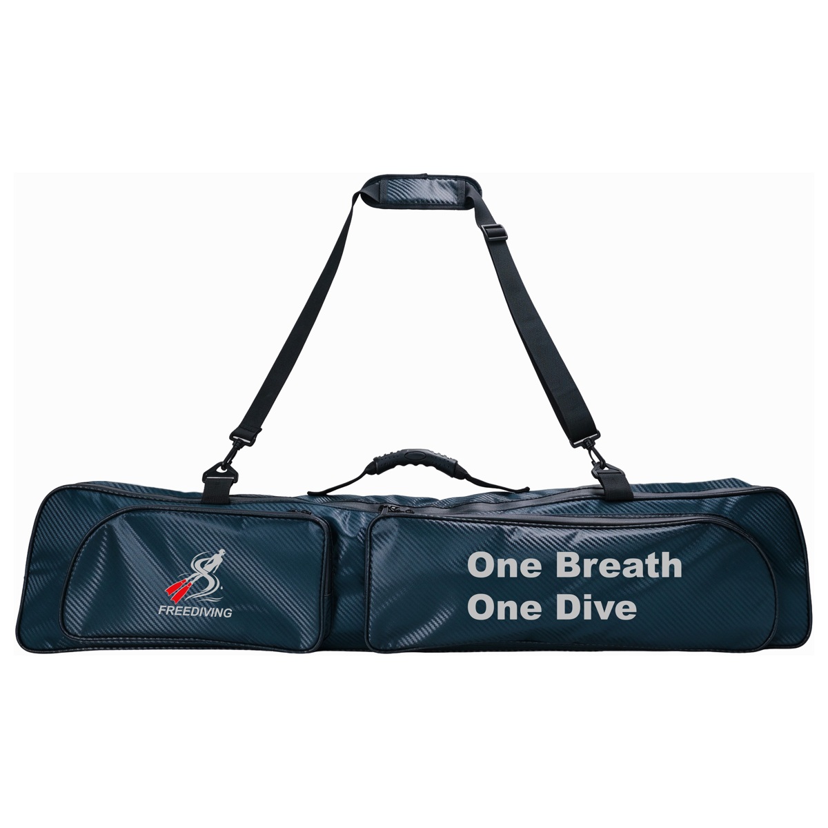 Navy long-fin storage bag with adjustable shoulder straps