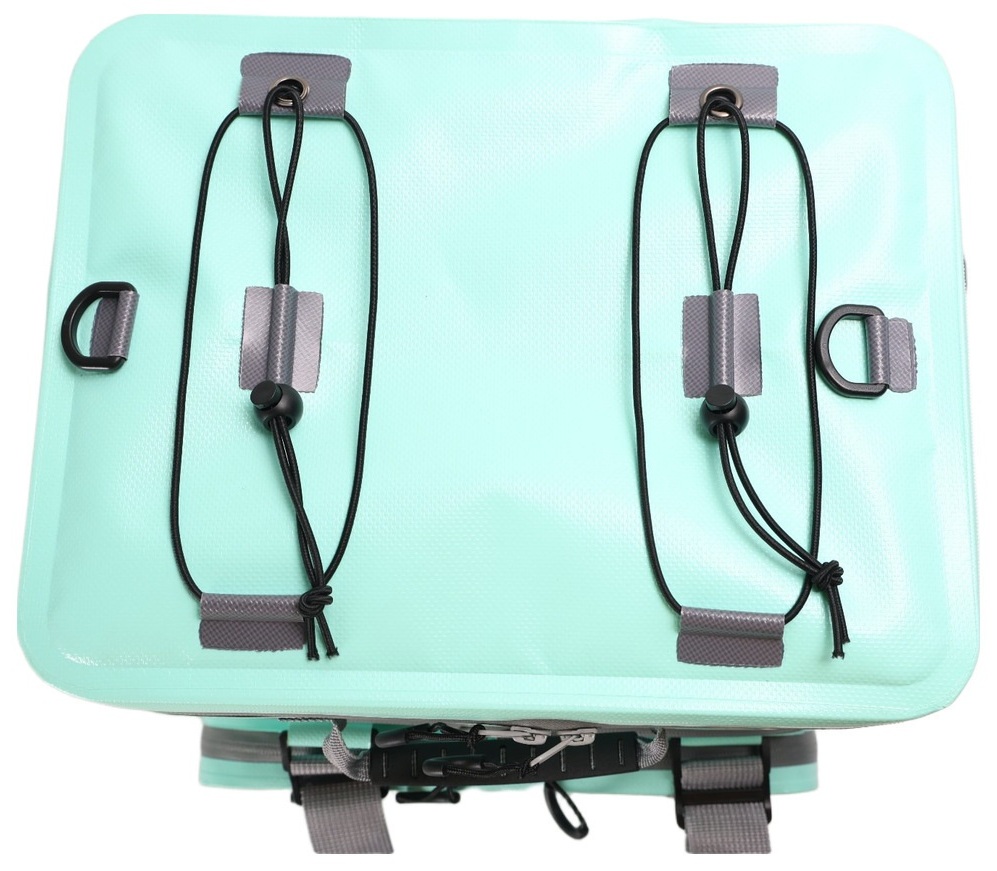 Top bungee attachment points on teal cooler box