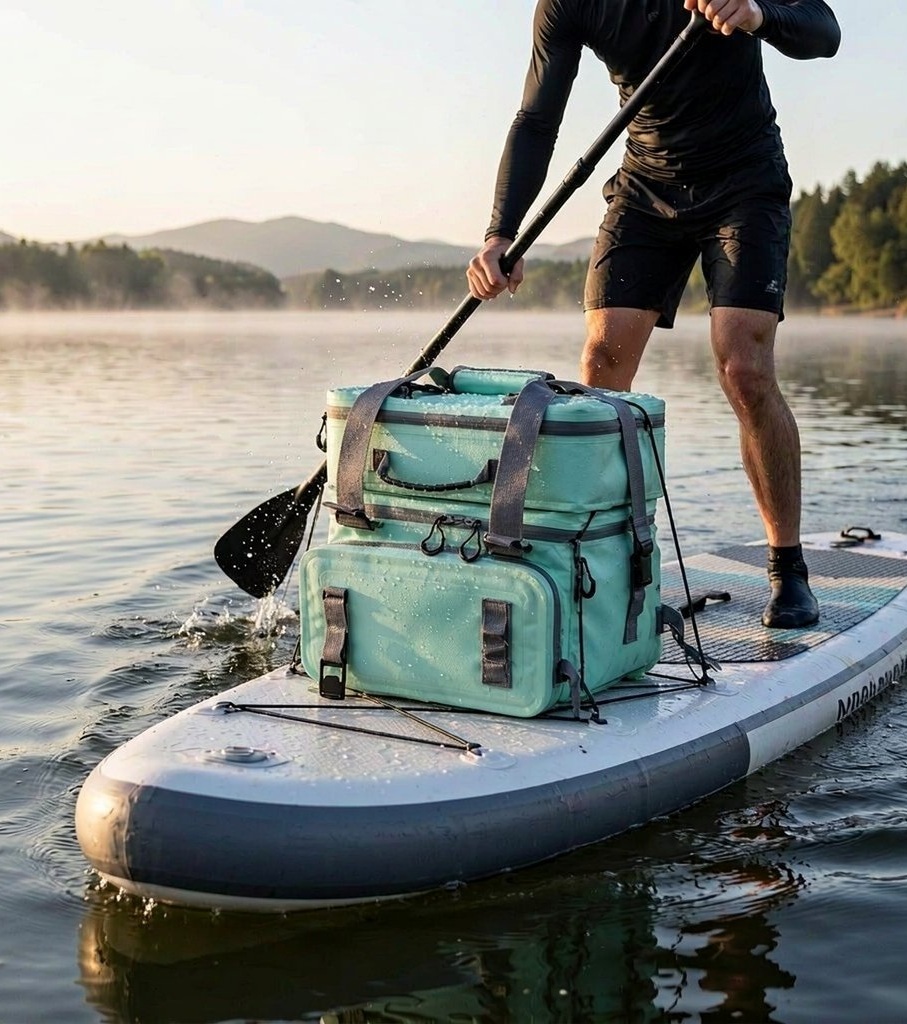 Modular teal cooler shown in a paddle boarding setting