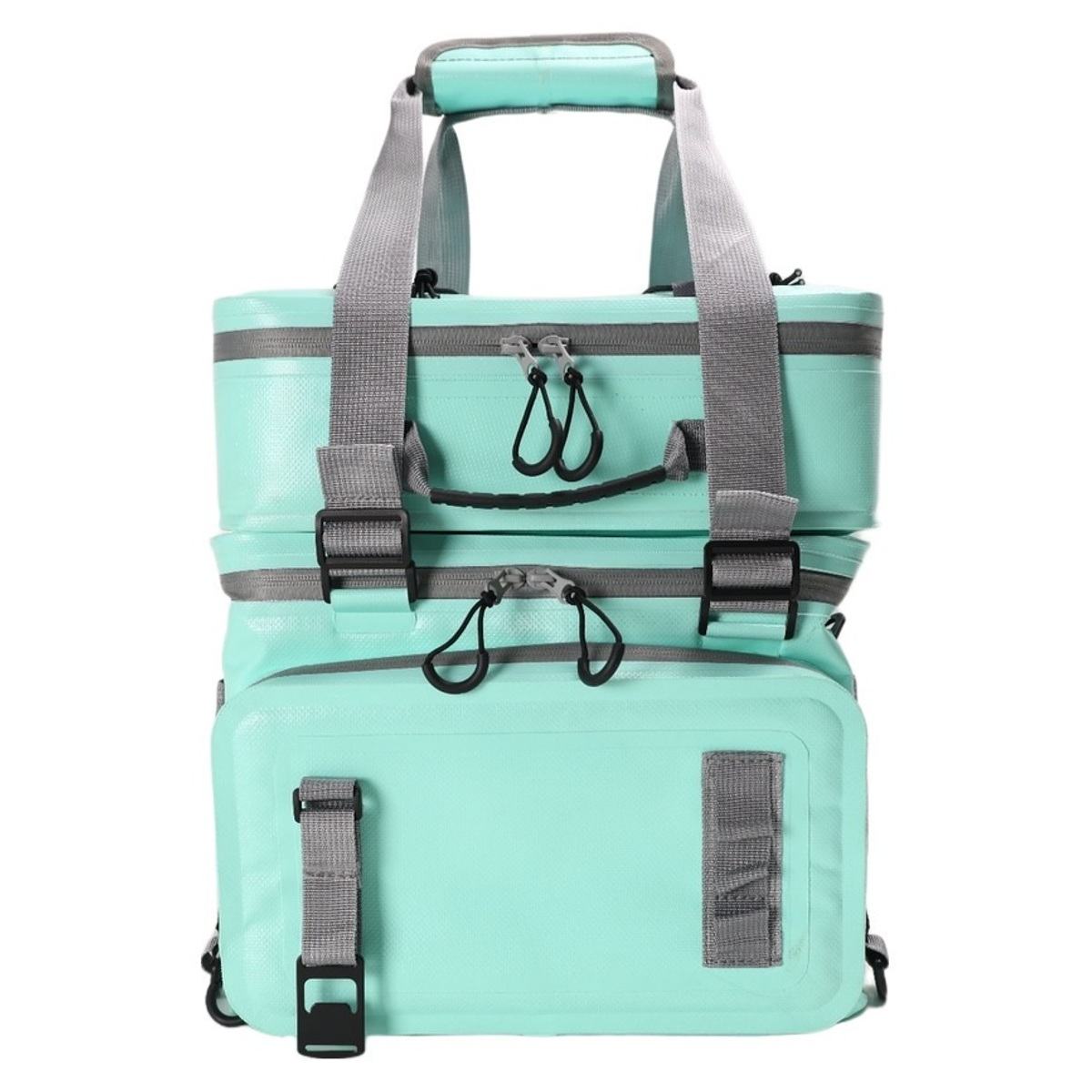 Teal modular paddle board cooler with detachable upper and lower sections
