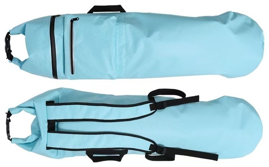 Front and back carry arrangement of sky-blue skateboard bag