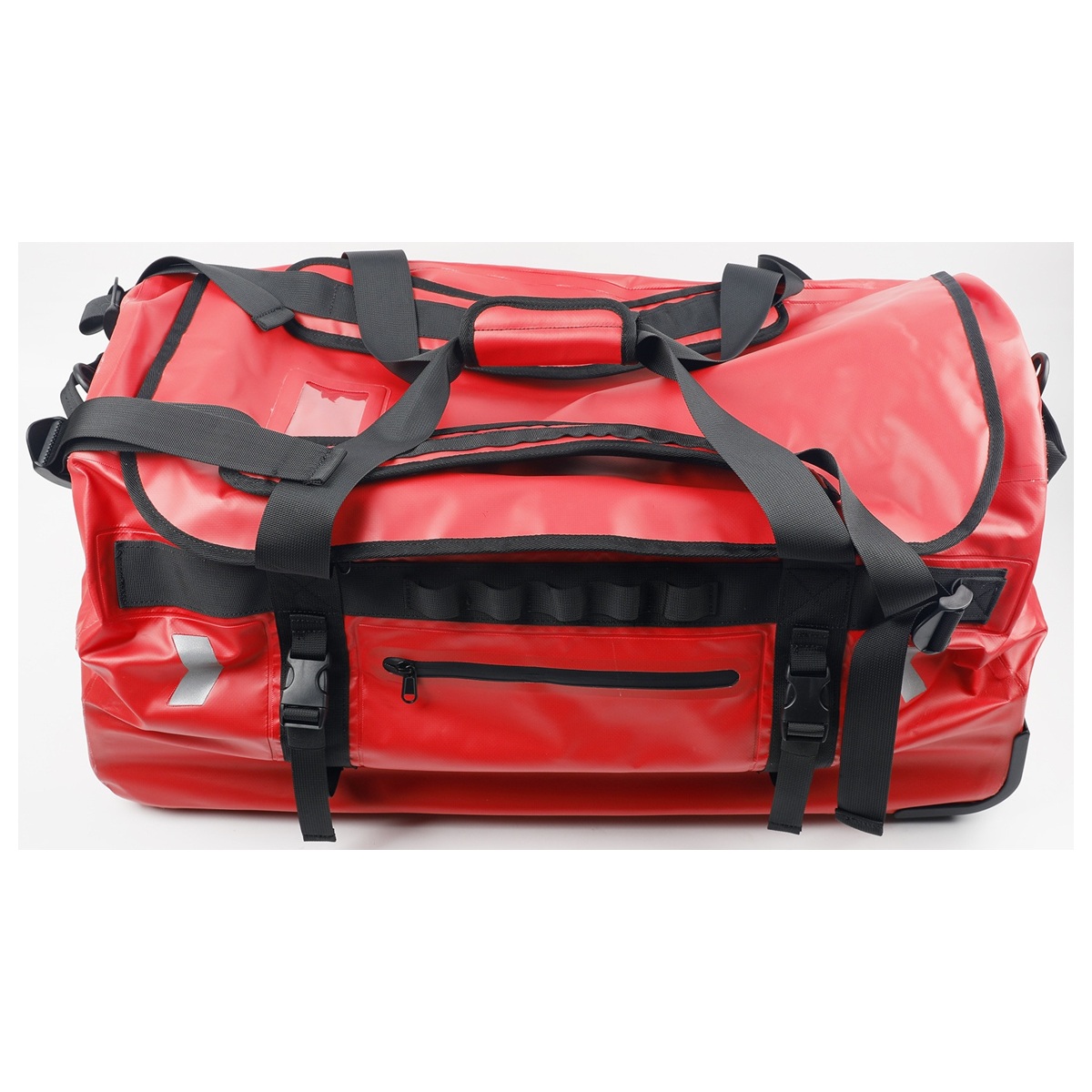 Red 90L wheeled waterproof travel duffel with carry handles