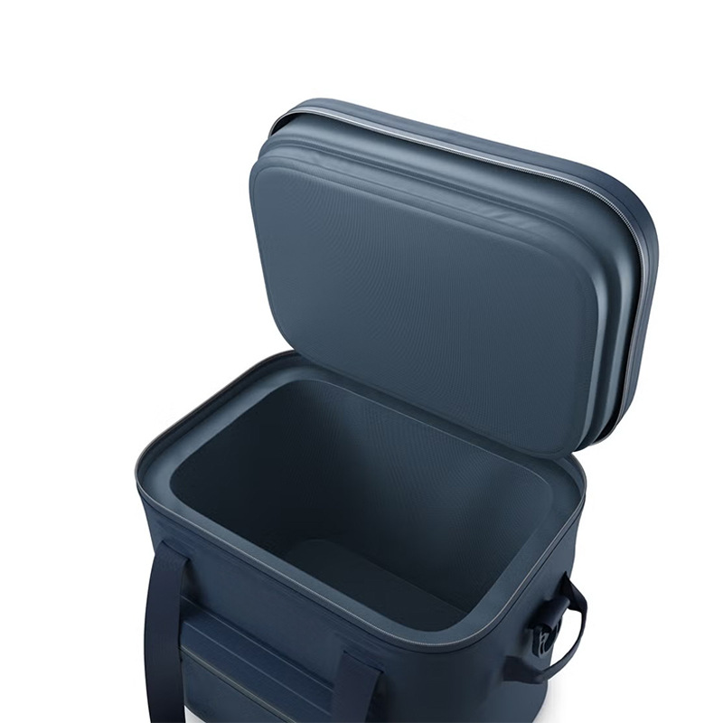 Open hinged lid and insulated compartment of model 001