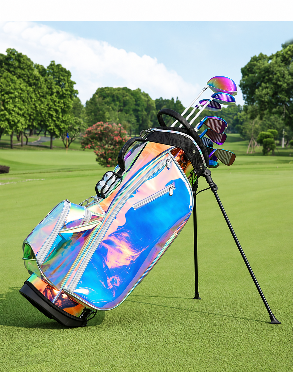Iridescent TPU Waterproof Golf Stand Bag — carrying and construction detail