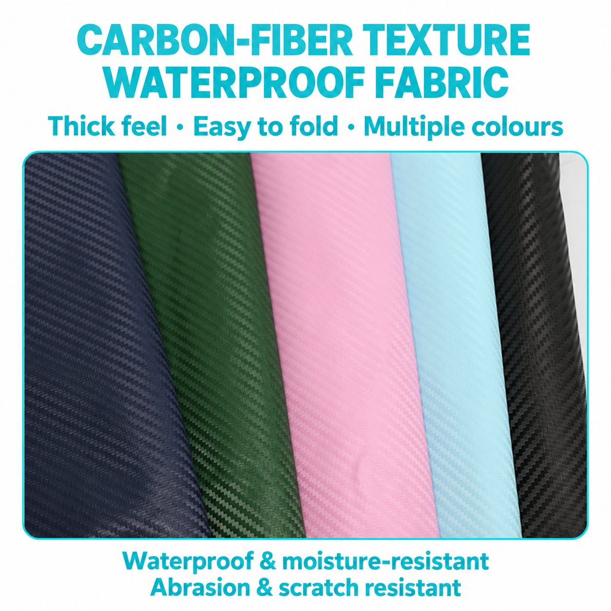 English material reference showing carbon-fiber-textured waterproof fabric in navy, green, pink, aqua and black